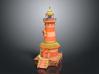 Colorful Lighthouse Shaped Decorative Furniture With Wooden Stairs And Platform 3d model