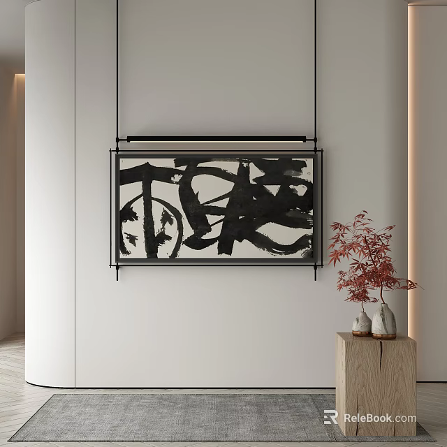 Modern Minimalist Interior Wall Decor With Black White Abstract Painting And Red Plant Vase 3d model 