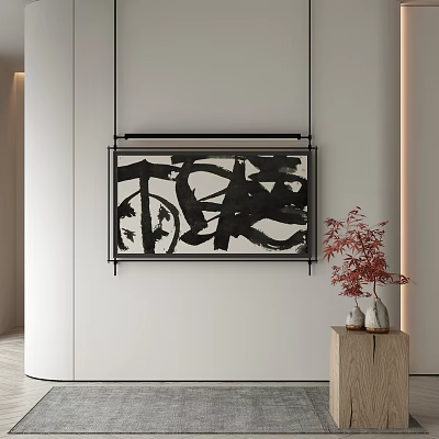 Modern Minimalist Interior Wall Decor With Black White Abstract Painting And Red Plant Vase 3d model