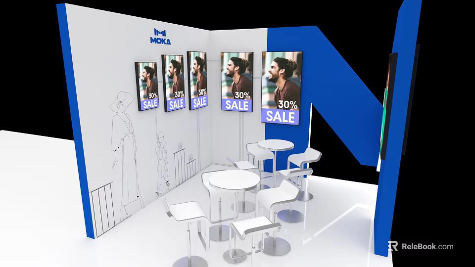 Conference Room With Exhibition Booth White Blue Decor 50% Sale Posters And White Tables Chairs 3d model 