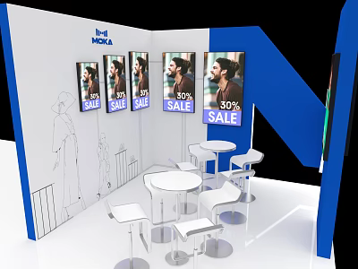 Conference Room With Exhibition Booth White Blue Decor 50% Sale Posters And White Tables Chairs 3d model