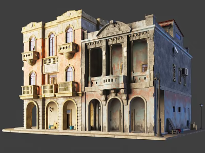 Vintage European Style Buildings With Arched Doorways Colored Facades And Decorative Balconies 3d model