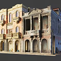 Vintage European Style Buildings With Arched Doorways Colored Facades And Decorative Balconies