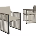 Two Modern Leisure Chairs With Vertical Slat Frame And Light Fabric Seat