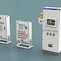 Three Industrial Electrical Control Enclosures With Buttons Indicator Lights Display Screen And Mounting Bases