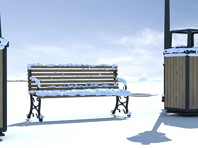 Snow Covered Outdoor Sports Equipment Area With Park Bench And Trash Can 3d model