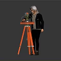 White Haired Person Using Green Tool On Red Tripod Workbench