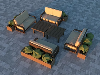 Outdoor Seating Area With Sofas Coffee Tables Plant Pots On Gray Tiled Floor 3d model