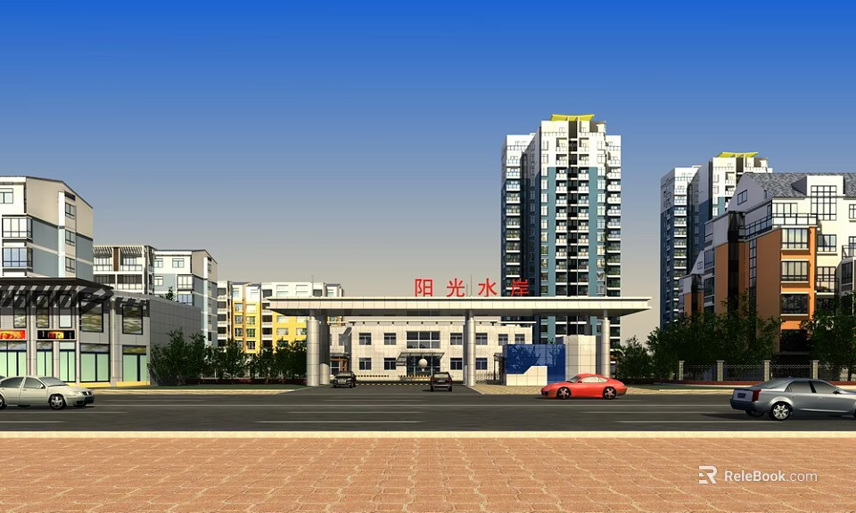 Sunny Waterfront Entrance Gate With High Rise Buildings And Cars On Road 3d model 