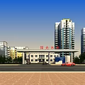 Sunny Waterfront Entrance Gate With High Rise Buildings And Cars On Road