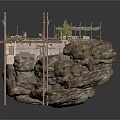 Wooden Platform Structure On Rock Base With Canopy Railing And Plants