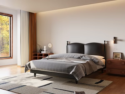 Modern Double Bed With Black Headboard Large Window Natural View Wooden Nightstands And Area Rug 3d model