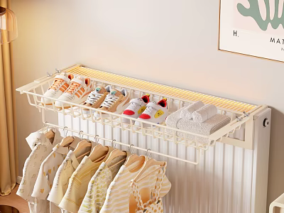 Wall Mounted Clothes Rack With Children's Clothes Shoes Slippers And Light Colored Wall 3d model