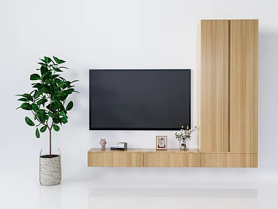 Wooden TV Stand With Mounted TV And Tall Cabinet Decorated With Plant And Ornaments 3d model