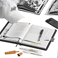 Stylish Ornamental Decor Collection With Open Notebooks Skateboard White Hat Books And Phone