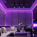 Modern KTV Lounge With Purple Lighting Neon Decor Sofa Coffee Table And TV