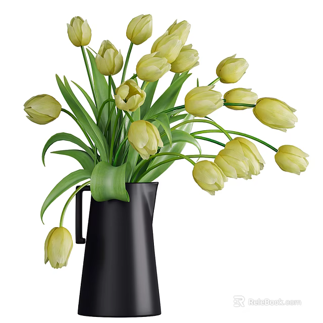Beautiful Yellow Tulips In Black Pitcher Vase With Fresh Green Leaves 3d model 