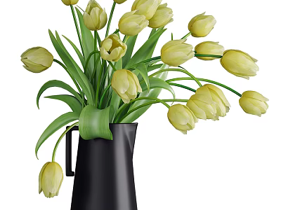 Beautiful Yellow Tulips In Black Pitcher Vase With Fresh Green Leaves 3d model