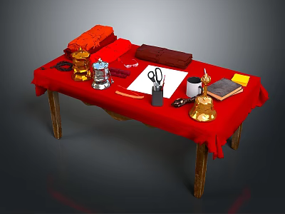 Traditional Worktable With Red Tablecloth Golden Containers Scissors Notebook And Ink Bottle 3d model