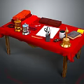 Traditional Worktable With Red Tablecloth Golden Containers Scissors Notebook And Ink Bottle