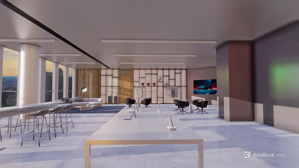 Spacious Bright Modern Open Office Space With Work Desks Comfortable Seats And Cozy Lounge Area 3d model 
