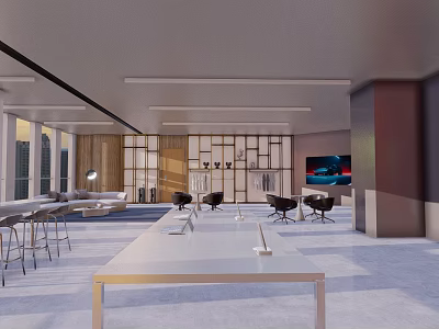 Spacious Bright Modern Open Office Space With Work Desks Comfortable Seats And Cozy Lounge Area 3d model