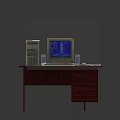 Vintage Desktop Computer Setup on Wooden Desk with Keyboard Monitor Mouse and Discs