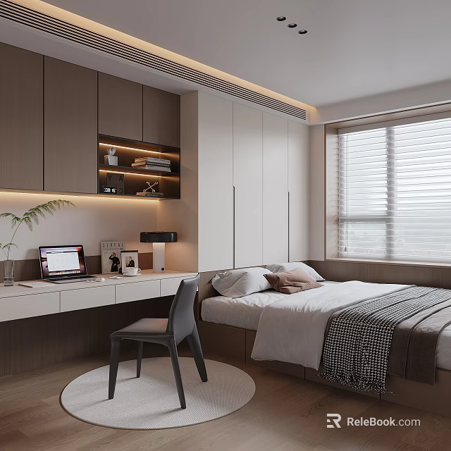 Modern Tatami Bedroom Interior With Built in Storage Desk and Cozy Bedding 3d model 