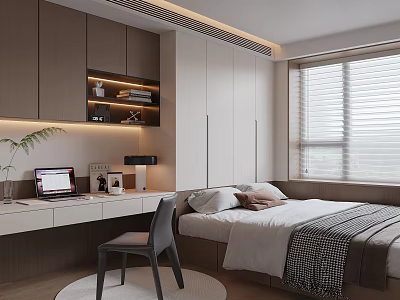 Modern Tatami Bedroom Interior With Built in Storage Desk and Cozy Bedding 3d model