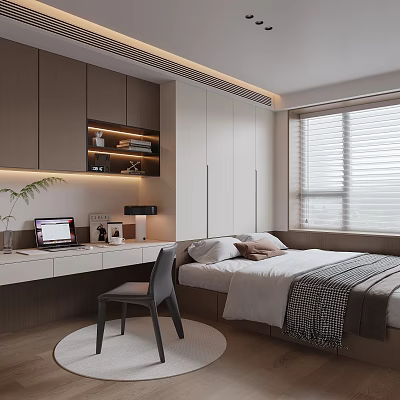 Modern Tatami Bedroom Interior With Built in Storage Desk and Cozy Bedding 3d model