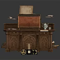 Vintage Carved Wooden Writing Desk With Leather Notebook Inkpot And Papers