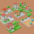 Miniature Cartoon Style Small Houses with Various Colored Roofs Green Trees Cars and Benches