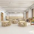 Kindergarten Classroom With Wooden Tables Chairs Bookshelves Piano TV And Toys