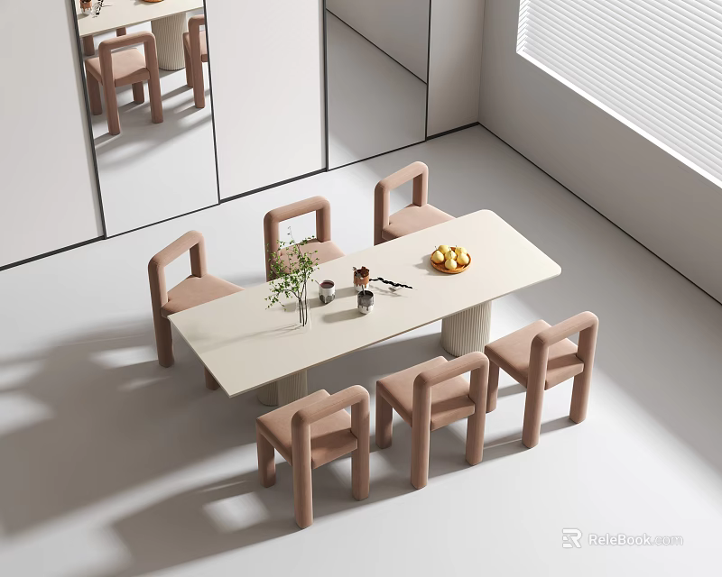 Modern Dining Table Set With Rectangular Beige Table Light Brown Chairs And Decorative Fruits 3d model 