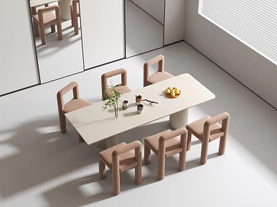 Modern Dining Table Set With Rectangular Beige Table Light Brown Chairs And Decorative Fruits 3d model