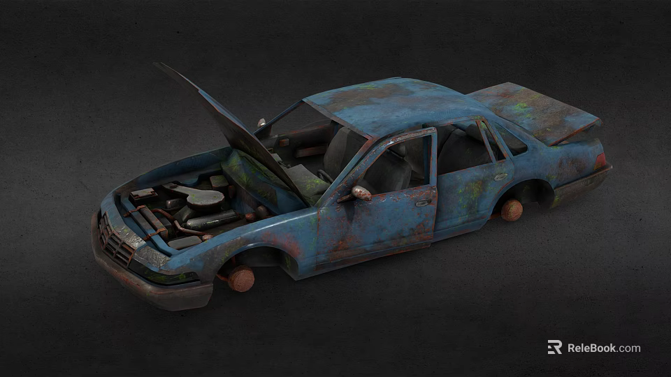 Old Blue Rusty Car With Open Hood And Doors On Dark Background 3d model 