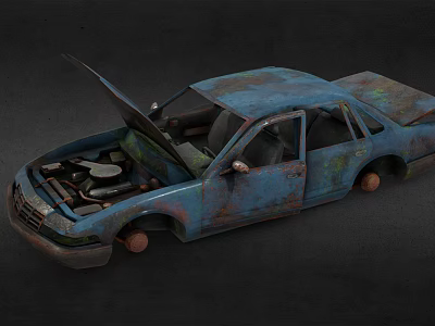 Old Blue Rusty Car With Open Hood And Doors On Dark Background 3d model