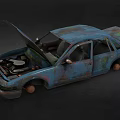 Old Blue Rusty Car With Open Hood And Doors On Dark Background