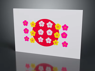 Decorative Ornament Set with Red Circle and Pink Yellow Flowers on White Card 3d model