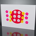 Decorative Ornament Set with Red Circle and Pink Yellow Flowers on White Card