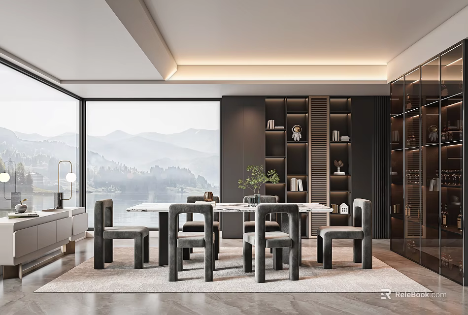 Modern Restaurant Interior With Large Windows Mountain Lake Views Dining Table Chairs Bookshelves 3d model 