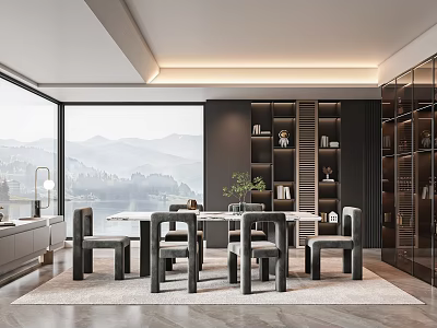 Modern Restaurant Interior With Large Windows Mountain Lake Views Dining Table Chairs Bookshelves 3d model