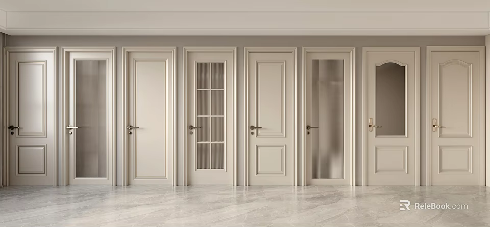 Light Beige Hinged Doors With Various Designs And Glass Panels In Modern Interior 3d model 