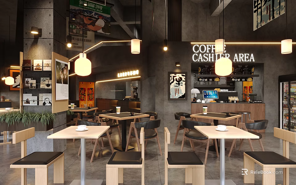 Modern Coffee Shop Interior With Wooden Tables Pendant Lights And Cashier Area 3d model 