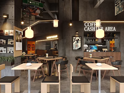 Modern Coffee Shop Interior With Wooden Tables Pendant Lights And Cashier Area 3d model