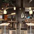 Modern Coffee Shop Interior With Wooden Tables Pendant Lights And Cashier Area