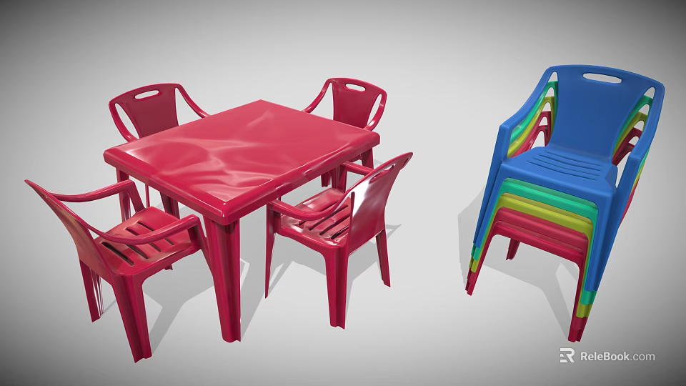 Red Plastic Table and Chairs Furniture with Colorful Stackable Plastic Chairs 3d model 