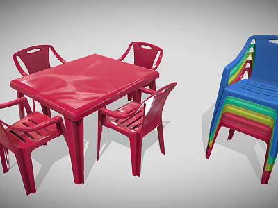 Red Plastic Table and Chairs Furniture with Colorful Stackable Plastic Chairs 3d model