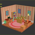 Cartoon Room Scene with Pink Striped Walls Blue Framed Windows Desk Computer Bed Pink Rug