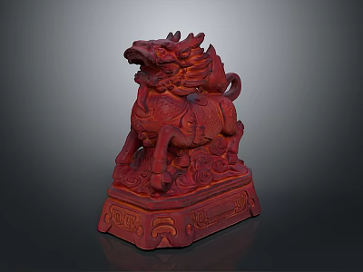Traditional Chinese Red Qilin Statue With Intricate Carving And Decorative Base 3d model